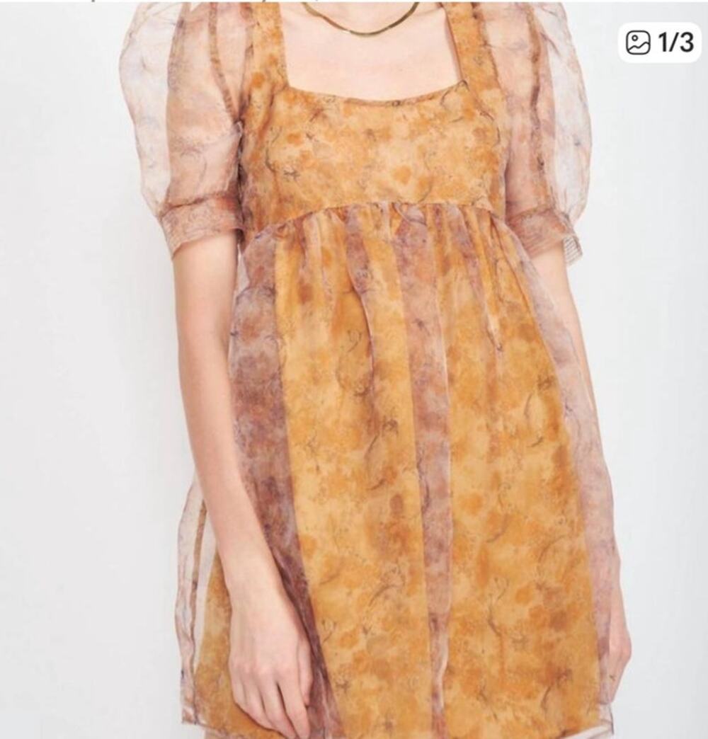 En Saison Mini Dress Marigold Multi Puff Sleeve Babydoll Size M Semi Sheer Lined